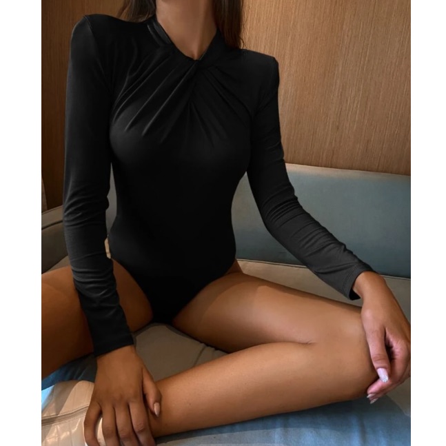 Twist Neck Zipper Back Bodysuit